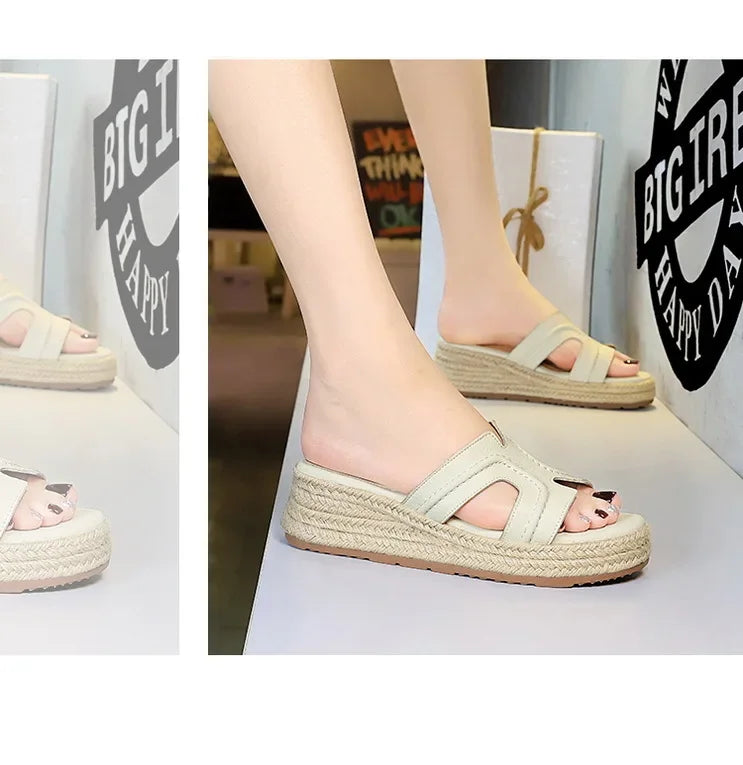 Spring 2025 Women's Slippers Hollow Out Strap Waterproof Thick Heel Woven Rope Country Style Slip-On Shoes Polyurethane Material