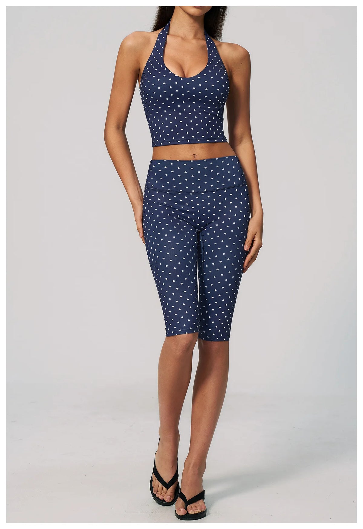 New Summer Women White Polka Dot Print Yoga Sets Hanging Neck Slim Sport Vest High Waist Mid Pants Gym Two-piece Workout Clothes