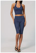New Summer Women White Polka Dot Print Yoga Sets Hanging Neck Slim Sport Vest High Waist Mid Pants Gym Two-piece Workout Clothes