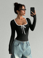 Women's Sexy U-Neck Bowknot Color Block Long Sleeve Bodysuit Casual Slim Fit Rib-knit Bodycon Spring/Fall Streetwear