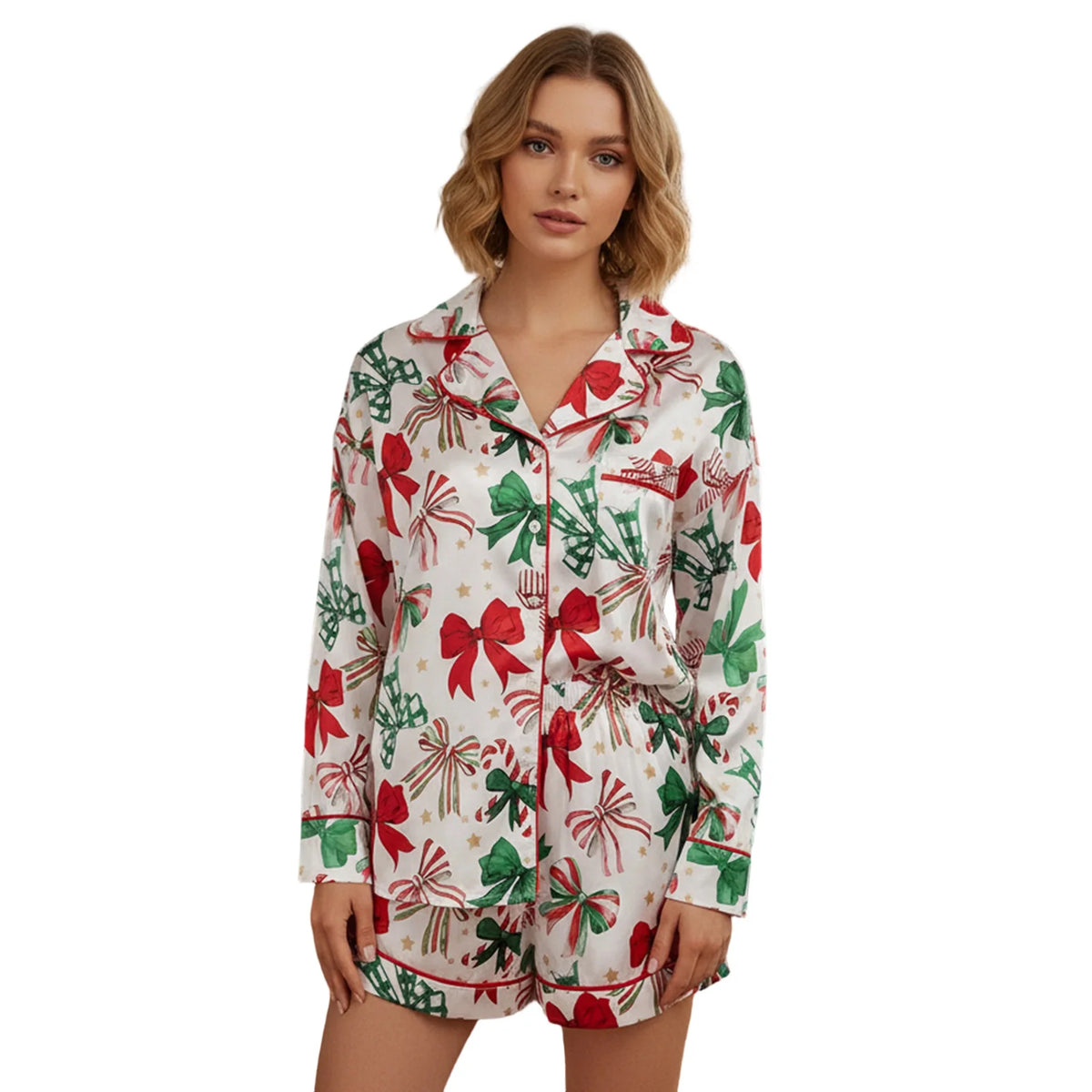 Women's 2025 Satin Christmas Pajama Set Long Sleeve Lapel Bow Print Shirt Wide Leg Shorts Loose Two Pieces Sleepwear