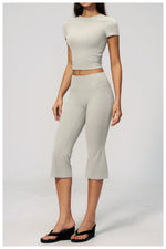Yoga Set for Women High Waist Hip Lifting Tight Mid Pants Fitness Suit Short Sleeve O Neck Slimming Sports T Shirt Athletic Wear