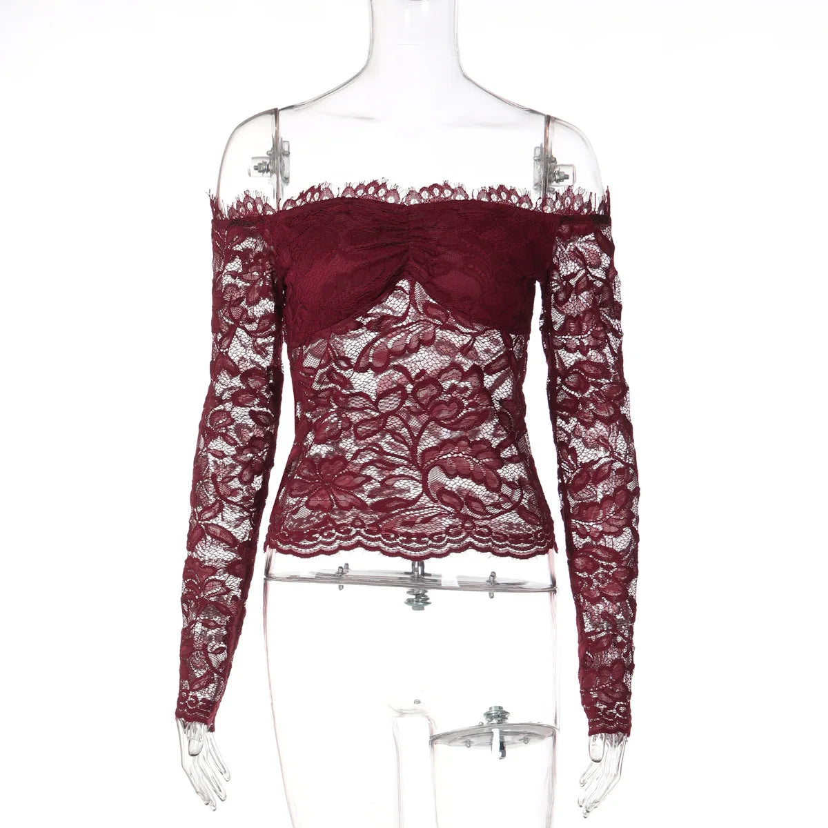 FDYOUI 2026 Spring Summer Wine Red Lace T-shirts for Women Slash Neck Slim Crop Tops Sexy Elegant See-through Short Tee Shirt