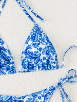 Blue Floral Print 2 Piece Micro Bikini Set for Women 2025 New Push Up Bra Thong Swimsuit Beach Bathing Suit Holiday Swimwear