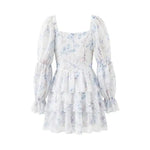 Sweet Long-sleeve Dress For Women Pleated Printed Short Women White Floral Print Mini Dress Long Puff Sleeve For Beach 96U3