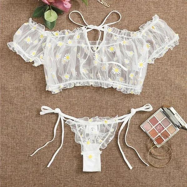 Toucheart Sexy Underwear Lace Lingerie Set For Women Off-Shoulder Small Chest Bralette+Thong Beachwear Transparent Bra Set New