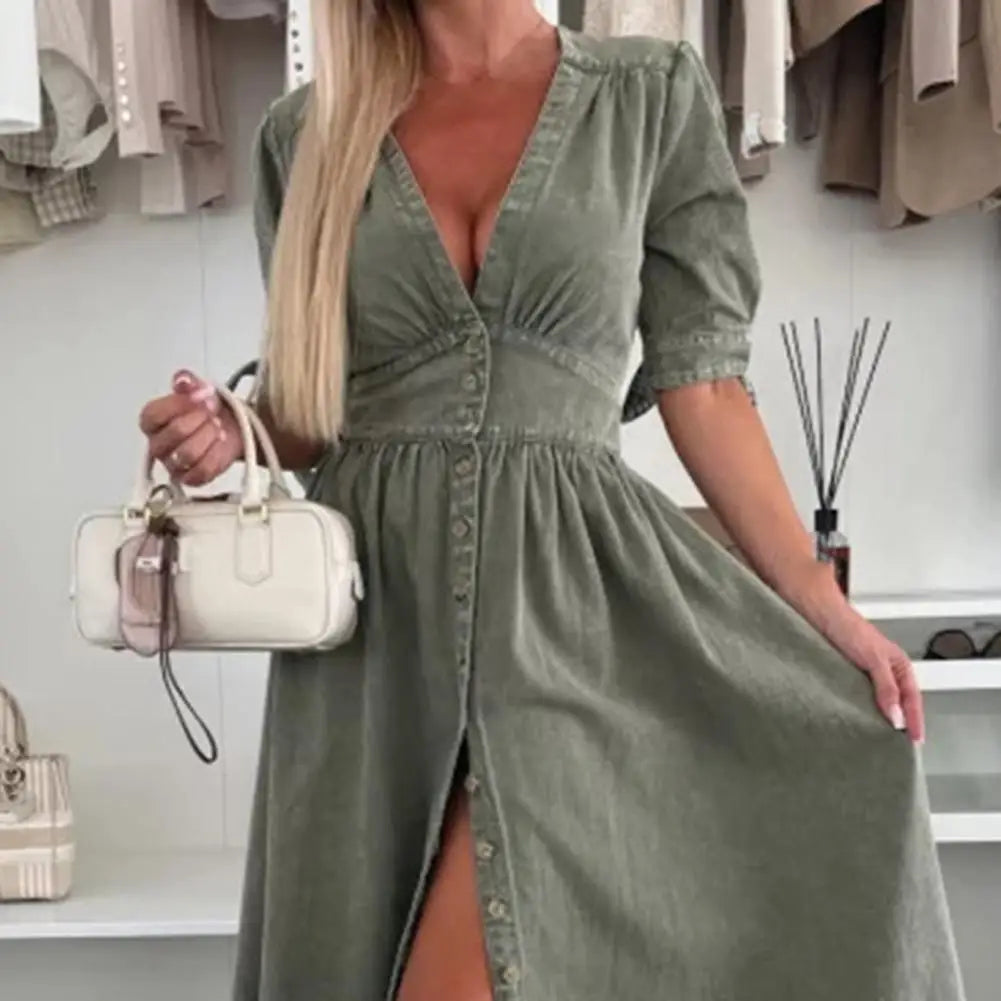 Women's Denim Long Dress Short Sleeve V-Neck Button Down Maxi Dress Casual Jean Dress for Spring Summer