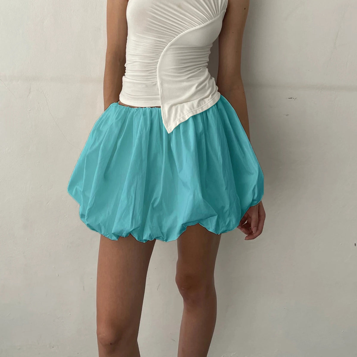 Women Lantern Mini Skirts Summer Casual Loose Fitting Elastic Waist Solid Color Short Puffball Skirt Sweet Style Skirts Girls