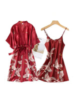 Burgundy Women Faux Silk Kimono Robe Gown Sets Sexy Print Crane Nightdress &Bathrobe Lingerie Nightgown Summer Sleepwear