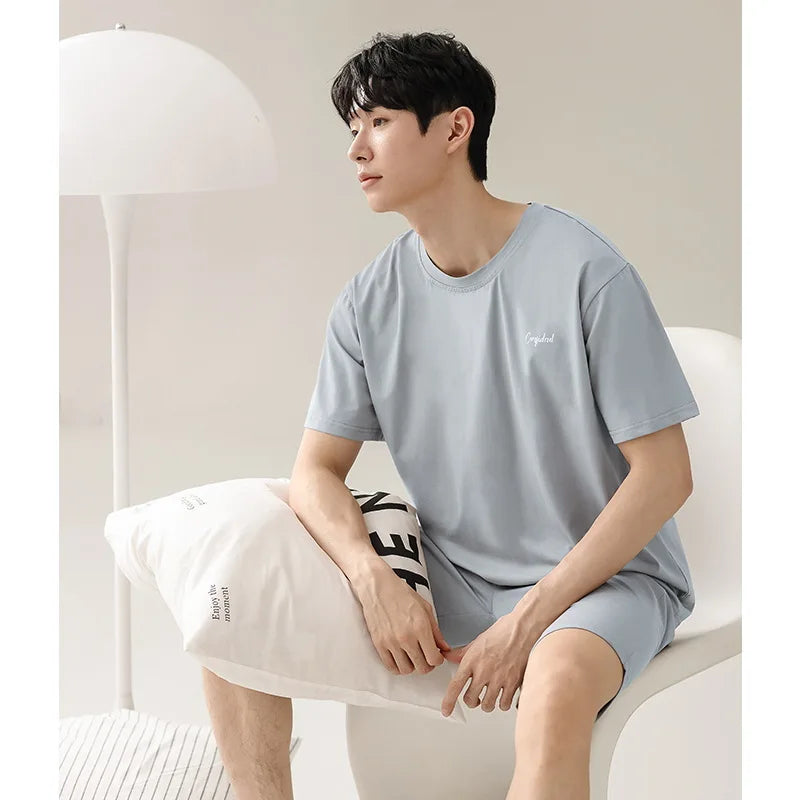 Men's Solid Pajama Plus Size Short Sleeve Round Neck Tee And Shorts Breathable Loose Fit Sleepwear Loungewear Summer Fashion Pjs