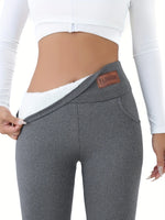 Women's High Waist Thermal Leggings, Winter Plush Lined Fleece Pants with Pockets, Soft Stretchy Comfy for Casual, Fitness