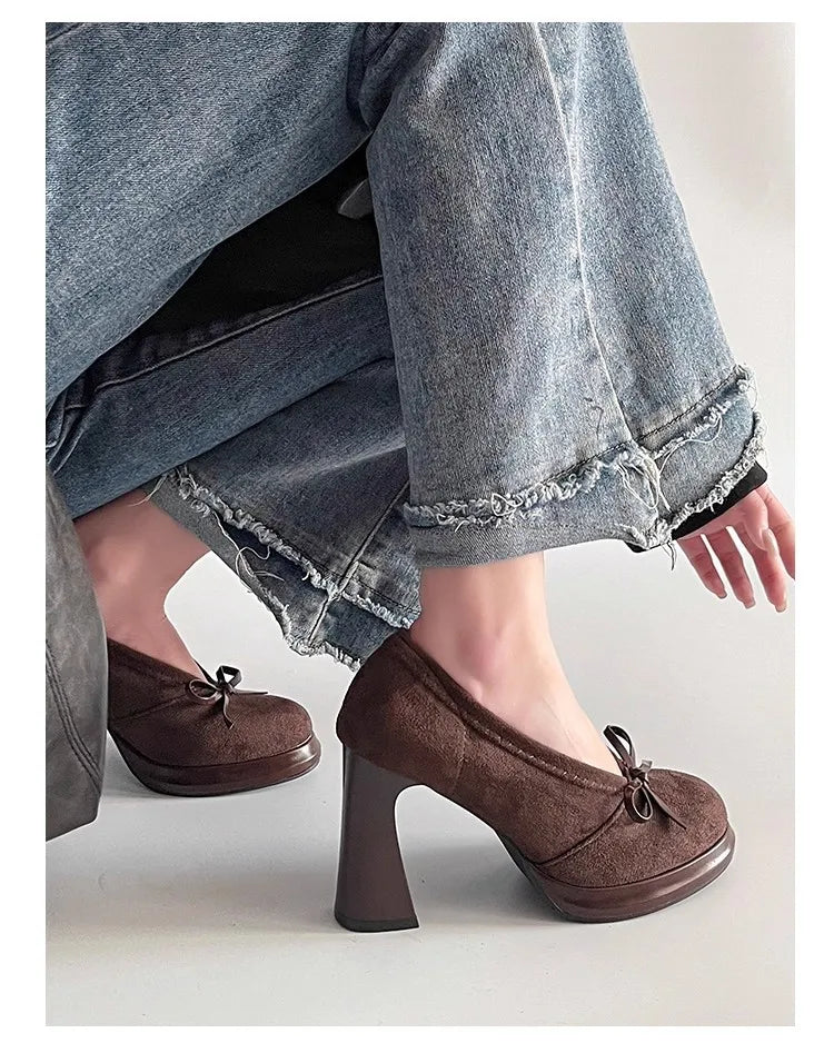 Spring Autumn Platform Mary Jane Shoes Women Thick High Heels Shoes Vintage Slip on Butterfly-knot Pumps 2026 New
