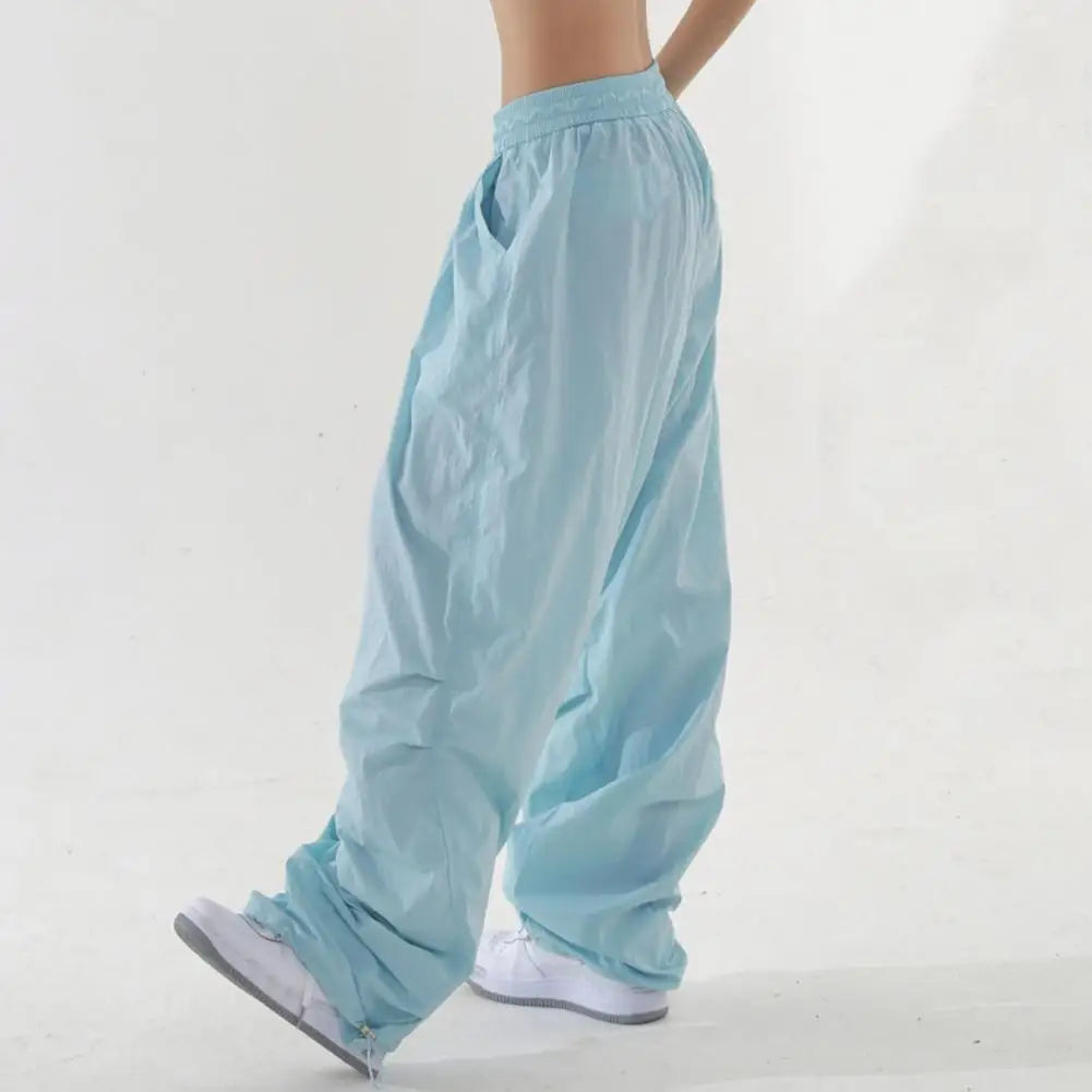 Women Sport Pants Wide Leg Elastic Waist Adjustable Drawstring Long Pants Solid Color Leisure Travel Cargo Trousers