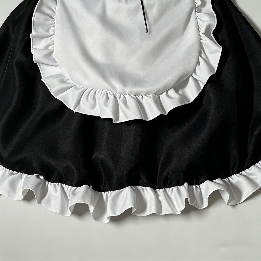 Women Maid Costume Outfit Black White Ruffle Sleeveless Suspender Dress with Apron for Halloween Cosplay Themed Party Role Play