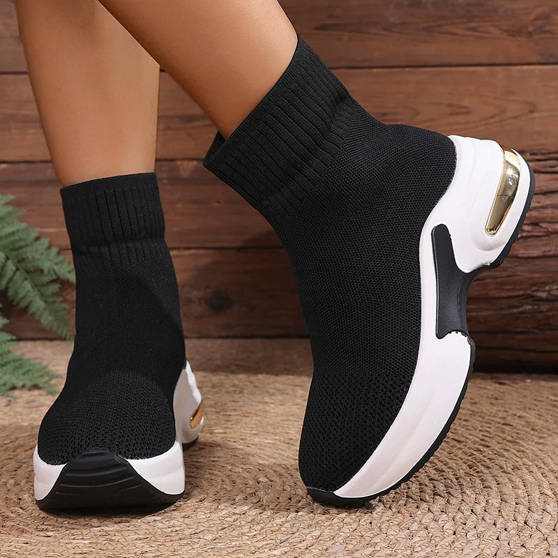 2025 Thick Bottom Knitted Ankle Boots Women Comfort Breathable Platform Sock Shoes Woman Plus Size Wedges Short Booties Mujer