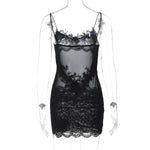FDYOUI Spaghetti Strap See-through Mesh Dress Women Sleeveless Lace Patchwork Mini Party Dresses White Black Night Club Outfit