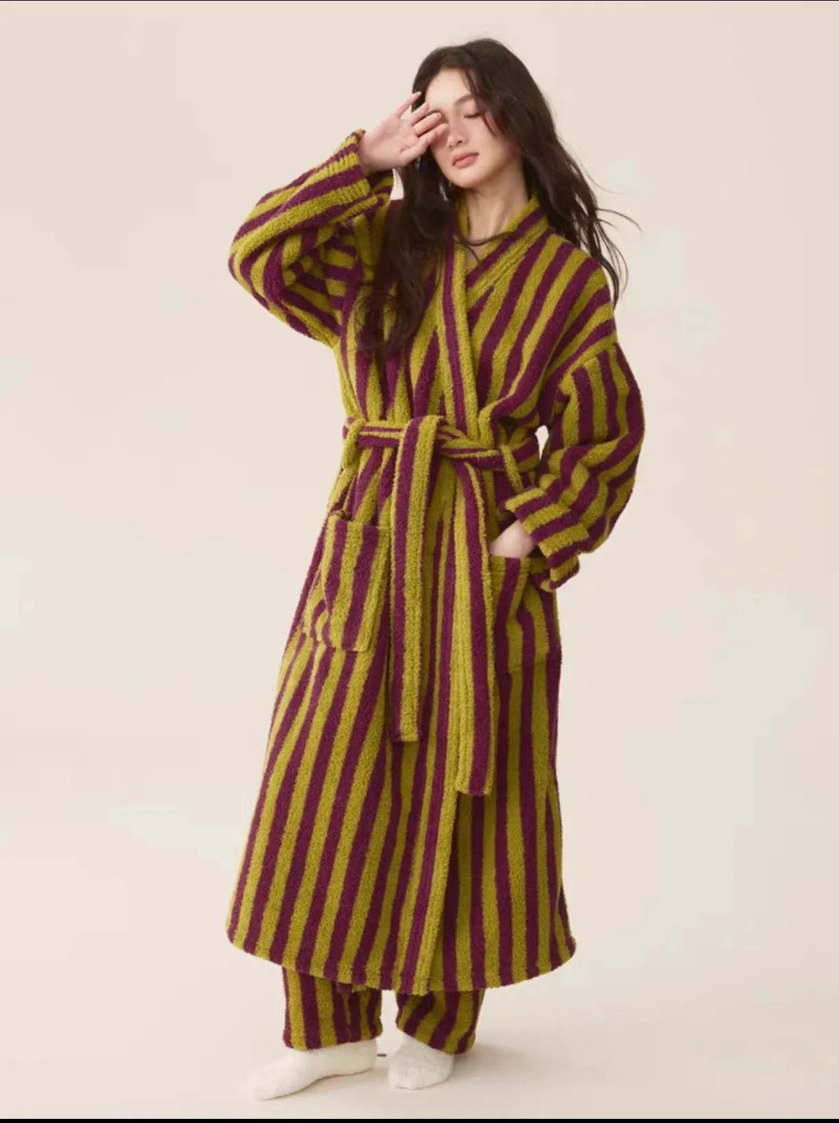 Thickened Flannel Robe Pants Pajamas Set Autumn Winter New Couple Coral Velvet Women Men Bathrobe Striped Lengthed Home Clothes