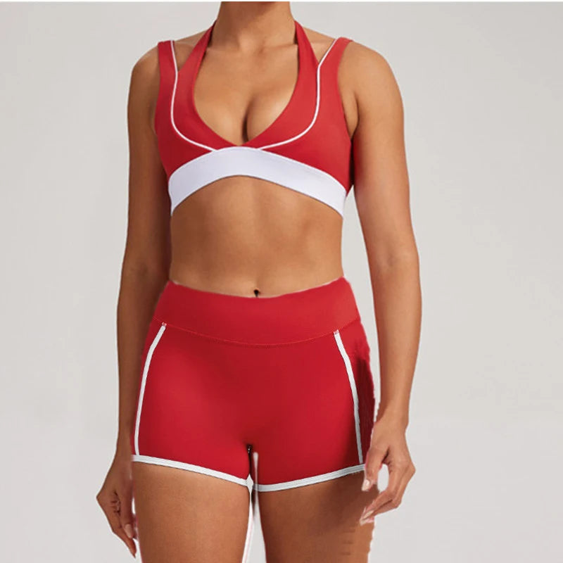 Pad 2PCS Yoga Set Sports Bras V-Neck Halter Pocket Fitness Workout Running Leggings Gym Woman Active Wear Clothing XP26