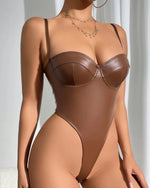 New Women's Sexy Lingerie, Faux PU Leather Lingerie Bodysuit, Teddy Bear High-Crotch Nightgown/Bodysuit