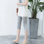 Summer Stretchy Cropped Pants Cropped Leggings Women Elastic Waist Embroidery Lace Stitching Thin Tight-Fitting Pants