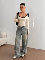 Women's Casual Color Block Slim Fit Long Sleeve Bodysuit Commuting Tie-Strap Decorate Rib-Knit Bodysuit Spring/Fall 2026