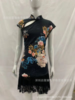 New Chinese style cheongsam hip-covering skirt Royal sister style tight lace national style printed fashion dress