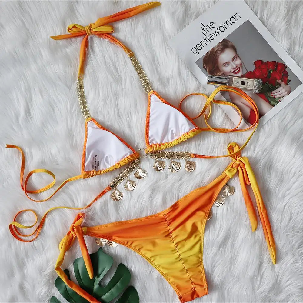 DEKA Shell Bikinis Swimsuit with Rhinestones Criss Cross Bikini Set Women Pink Push Up Bathing Suit Diamond Thong Swimwear