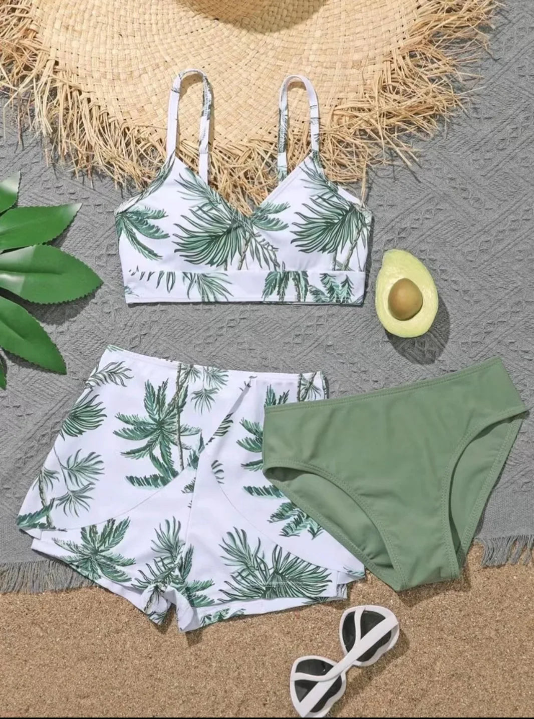 Girls 3pack Coconut Palm Tree Print Bikini Sets with Shorts Swimsuit Kids 7-12 Years Children's Swimwear Trunks Bathing Suit