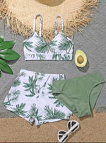 Girls 3pack Coconut Palm Tree Print Bikini Sets with Shorts Swimsuit Kids 7-12 Years Children's Swimwear Trunks Bathing Suit