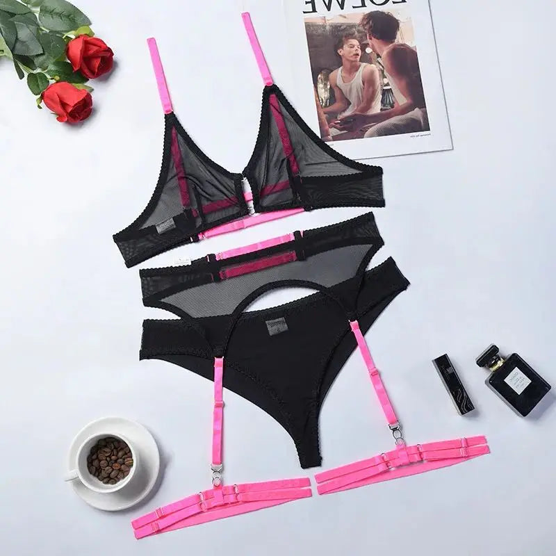 Women Transparent Bra Set Hot Erotic Sexy Costumes Solid Color Underwear Seamless Bra Thong Garters Sexy Lingerie Sets