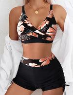 Women's Two-Piece Swimsuit Cross Strap Backless Bikini Floral Print Sports Fit Bodycon Polyester Fabric Swimming Water Sport