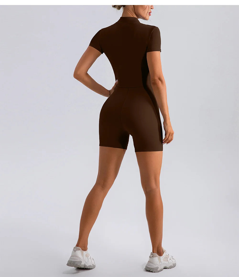 Yoga Jumpsuit Fashion Zipper Dance Short Playsuit Women Romper Short Sleeve Gym Fitness Overalls One Piece Sports Suit Unitard