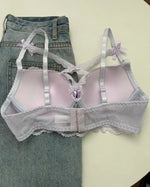 Japanese Lace Bra Set, Heart Pendant Purple Lingerie Sexy & Pure Small Chest Push Up Bralette, Fashion Outerwear Design Enhancer