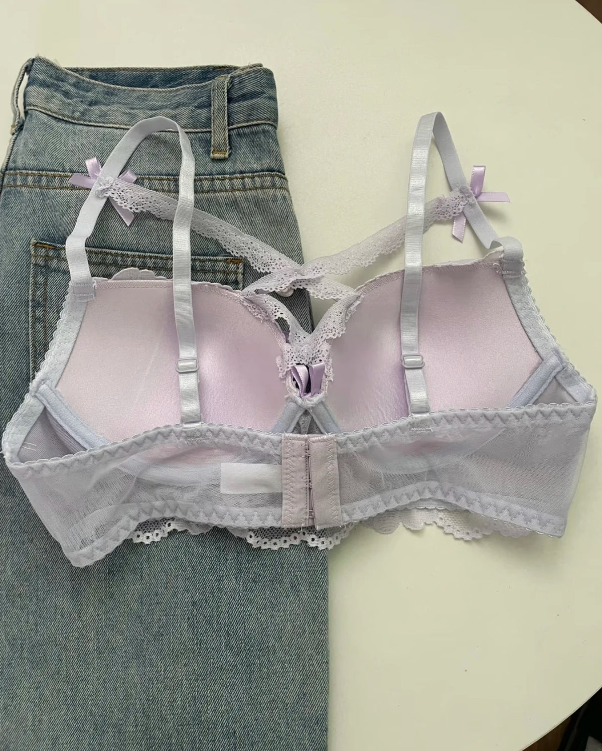 MOYISU Kawaii Heart Bra Set, Purple Lace Lingerie Sexy Pure Design, Push Up Bralette Sml Boobs Fashion Outerwear Statement Piece