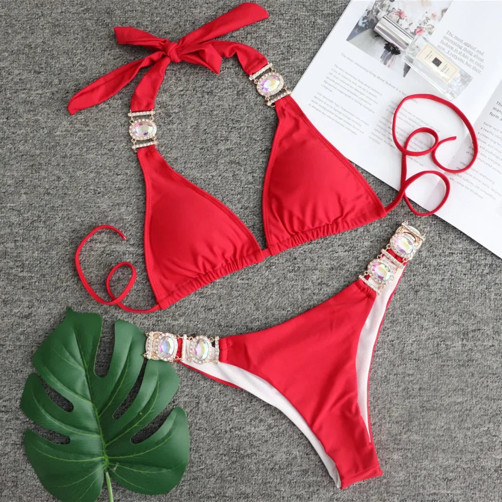 Luxury Rhinestone Bikini Women 2025 Sexy Orange Yellow Crystal Diamond Push Up Thong Swimsuit Beach Bathing Suit Tanga Swimwear