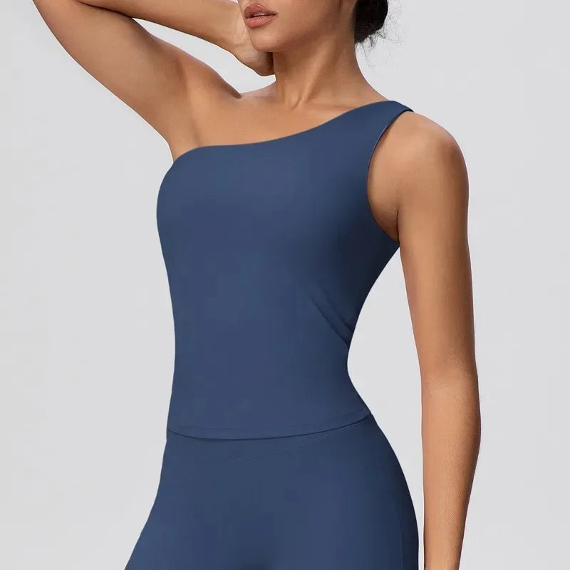 Women Seamless Cloud Feel One-Shoulder Waist-Cinching Yoga Vest Quick-Dry Slimming Sports Shaping Underwear Running Fitness Top