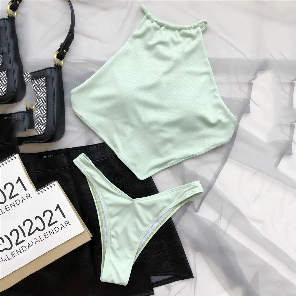 light blue Halter Bandana Bikinis Sets micro Thong sexy Swimsuit Women Swimwear Backless high cut Bathing Suit Bikini 2026 Mujer