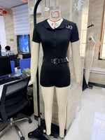 Women's Police Lingerie Set Slim Fit Letter Pattern Half Button Up Short Sleeve Romper and Belt 2 Pcs Set
