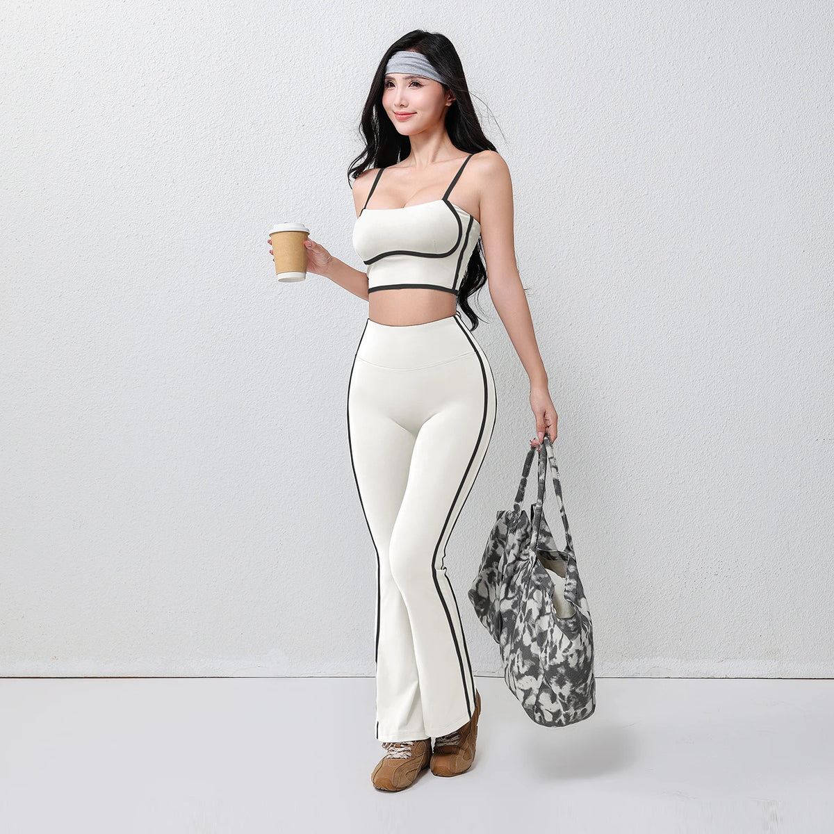 High Waist Striped Flared Yoga Trousers Tummy Control Hip Lifting Barefoot Running Elastic Waist Wrinkle-Resistant