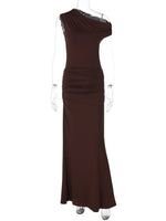 FDYOUI Woman Clothes Diagonal Collar Ruched Brown Long Dresses 2026 Summer Lady Chic One Shoulder Sleeveless Tunics Party Dress