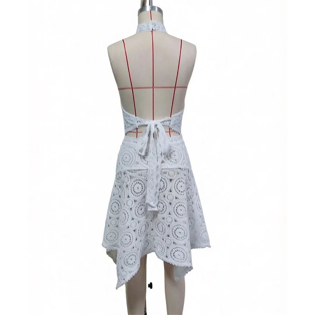 New Hollow Out Crochet Knitted 2 Pieces Suits Tunic Beach Cover Up Cover-ups Beach Dress Beach Wear Beachwear Female Women V8391