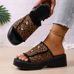 Leopard Print Women's Shoes Wedge Slippers Square Toe 2026 Summer New Fashion Platform Outdoor Beach Slippers Sandalias De Mujer