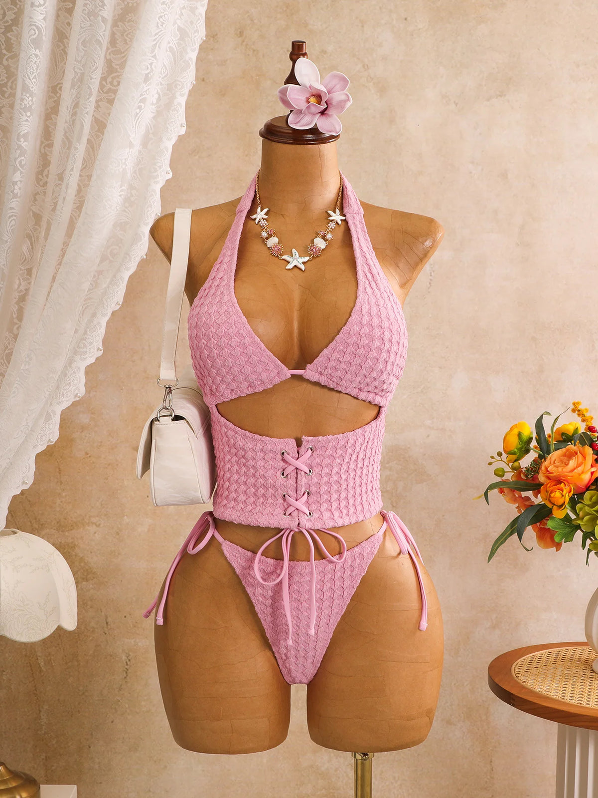Sexy Black Plaid Print Holiday Bikinis Sets 2026 Women Bandage Cross Fishbone Top 3 Piece Swimsuit Summer Bathing Suit Swimwear
