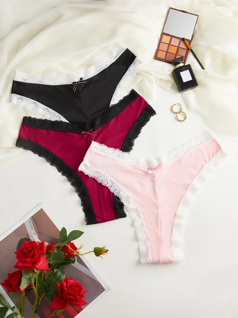 3pcs/Set Women's Low-Rise Triangle Panties French Lace Patchwork 2-Color Briefs Thin Gusset Chic Delicate Intimate Underwear