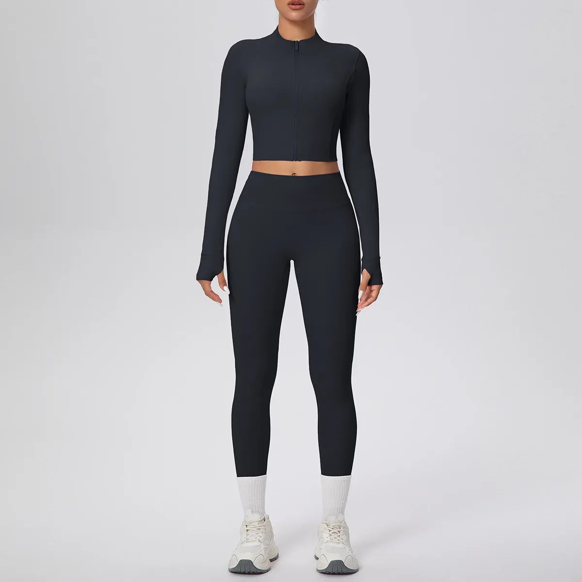 New Women Yoga Set Solid Color Double-Sided Brushed Bare Feel Short Long-Sleeve Jacket Tight Pants Running Fitness 2-Piece Set