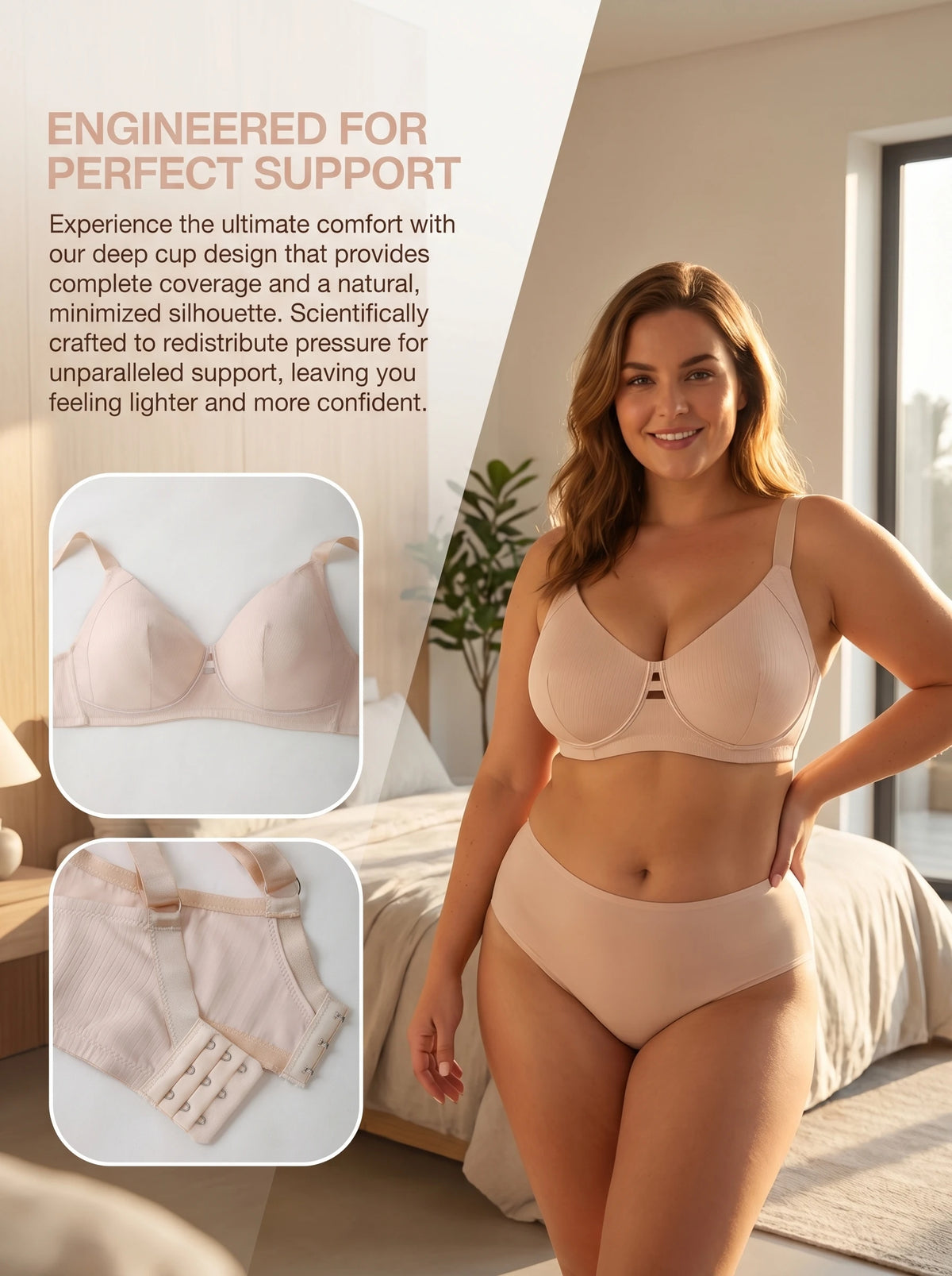 Plus Size Wireless Bra Women Nude Ribbed Bralette Removable Pads Full Coverage High Support Comfortable Everyday Lingerie MR3606