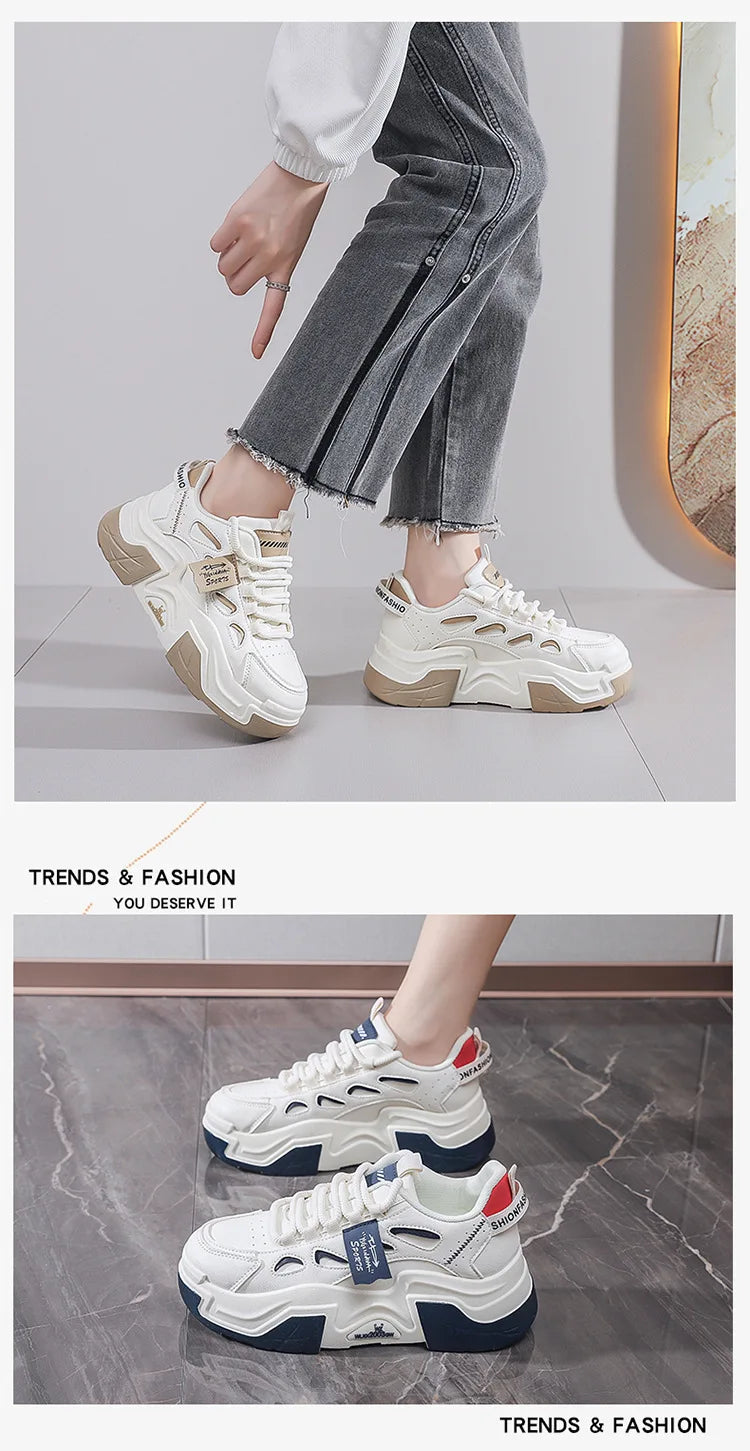 Women Platform Sneakers Autumn Trend Casual Flats Female Fashion Lace Up Thick Soled Comfortable Increase Vulcanized Shoes2024