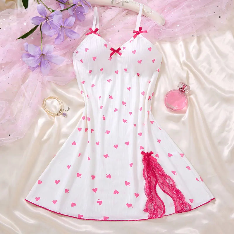 New Style Luxury Women Heart PrintNightdressDeep V Sleeveless Fashion Pajamas Seductive Sleep Dress Valentine's Women's Gift