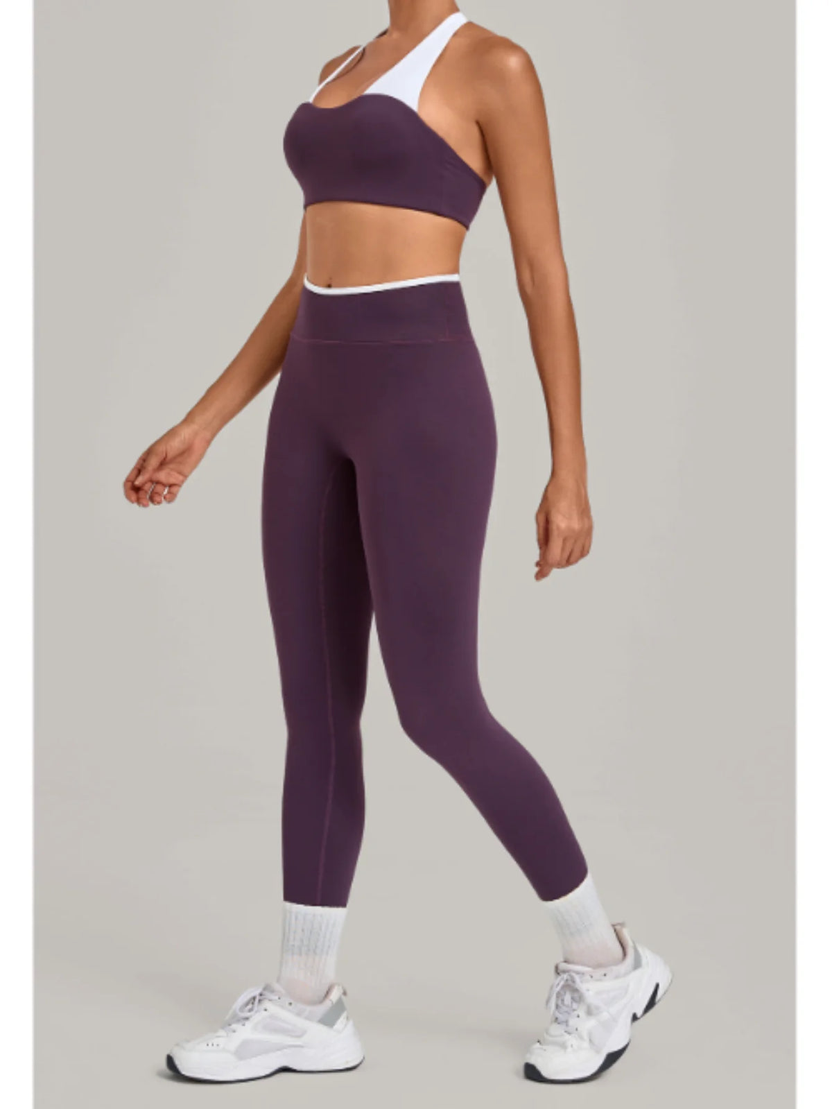 2 Pieces Color-block Yoga Sets WomenHanging Neck Sports Bra High Waist Pants Built-in Pockets Outdoor Fitness Workout Suit