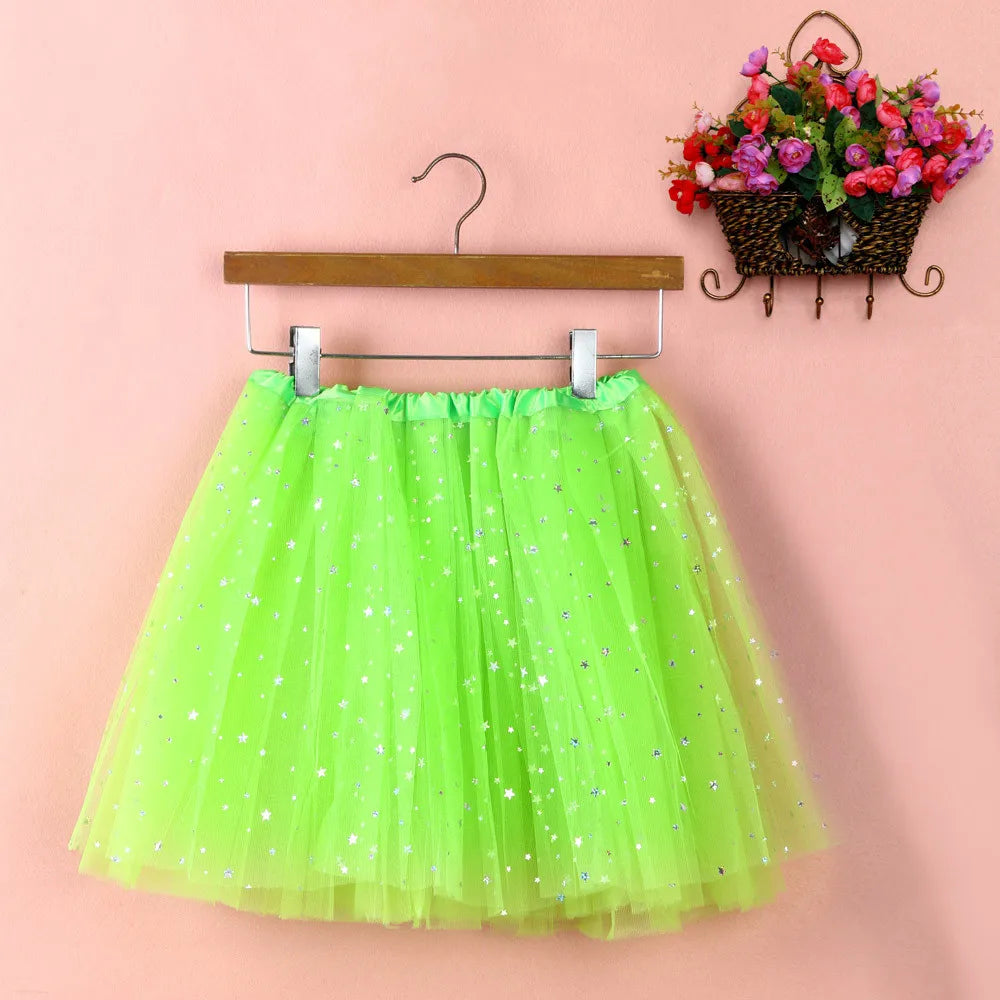 Womens Summer New Tulle Tutu Skirt Elastic Waist Silver Star Print Layered Mesh Mini Skirt Fluffy Carnival Party Dance Skirts